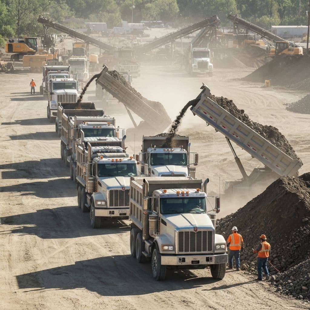 Dump trucks at OC Dirt Dump transfer station